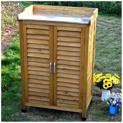 Outdoor Wooden Pot Bench with Double Doors Galvanized Storage Tray Garden Balcony and Backyard Garden Plant Bench