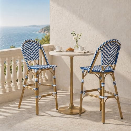 Set of 2 French Bistro Bar Stools, Blue White Hand Woven PE Rattan Counter Height Bar Chairs, Lightweight Aluminum Frame Barstool with Back & Footrest for Patio Kitchen Island Home Bar Indoor Outdoor