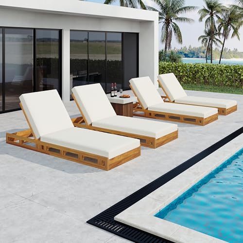 Christopher Knight Home Jossie Acacia Wood Chaise Lounge Chair Outdoor Set of 4, Adjustable Backrest Sun Lounger Recliner, Patio Outdoor Chaise Lounge with 4" Thick Water-Resistant Cushion,Teak+Cream