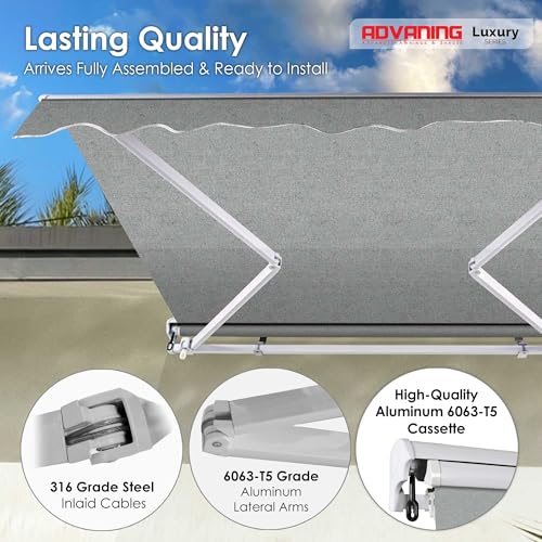 ADVANING Luxury Series, 16'x10' Electric Retractable Awning, Premium Quality Fully Assembled UV+ Sun Shade Canopy, Heather Gray, EA1610-A112H2
