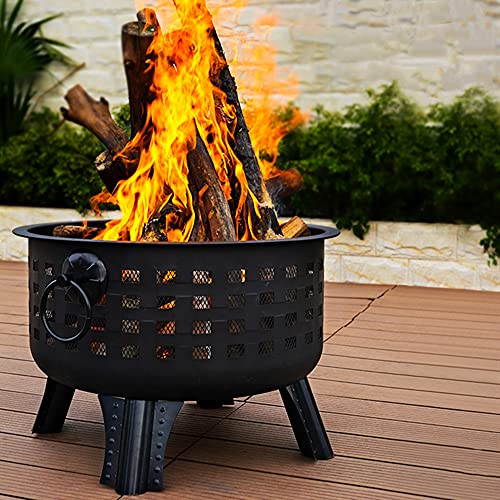 Large Fire Pit, Outdoor Steel Wood Burning Fire Pits Bowl Charcoal BBQ Grill Firepit, Bonfire Heating Brazier, with Spark Screen, Cooking Grate, Fireplace Poker