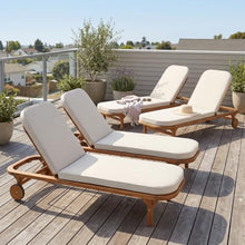 Christopher Knight Home Yeon Set of 4 Acacia Wood Chaise Lounge Chair Outdoor with Wooden Wheels, Adjustable Backrest Sun Lounger Recliner, Patio Outdoor Chaise Lounge with Cushion, Teak + Beige