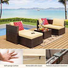 Qsun 5-Piece Patio Furniture Set Outdoor Couch with Glass Coffee Table and Two Pillows, Outdoor Sectional Conversation Set (Brown Rattan, Beige Cushion)