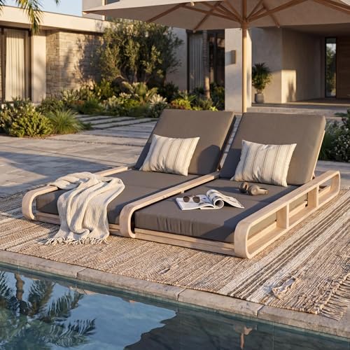 Merax Double Chaise Lounge Chair Outdoor with 4-Position Adjustable Backrest for Each Seat & 3-Fold Cushions, Acacia Wood Pool Sun Lounger for Patio Beach, 800lbs Capacity, Dark Grey+Light White