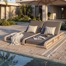 Merax Double Chaise Lounge Chair Outdoor with 4-Position Adjustable Backrest for Each Seat & 3-Fold Cushions, Acacia Wood Pool Sun Lounger for Patio Beach, 800lbs Capacity, Dark Grey+Light White