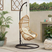 Christopher Knight Home Sansa Hanging Egg Chair with Stand, Rattan Wicker Hammock Chair with Cushion, Indoor Outdoor Iron Frame Hammock Swing Chair for Patio Balcony Porch Garden, Brown+Beige