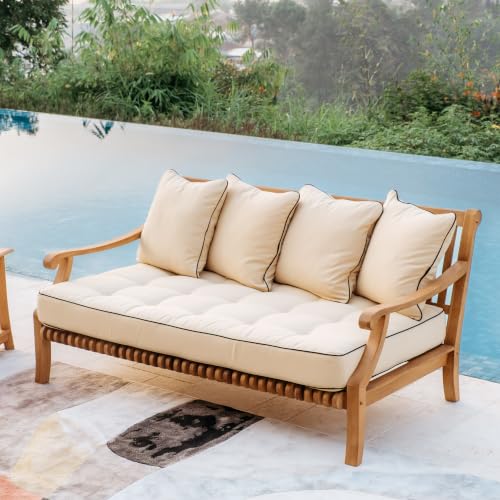 Cambridge Casual Haley Teak Wood Outdoor Sofa Daybed, 3-Seater Patio Couch with Tufted Taupe Cushion & Black Piping, Weather-Resistant Frame, 750 lbs Capacity for Patio, Backyard & Porch