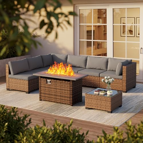 Qsun 8 Pieces Outdoor Patio Furniture Set with 44.9" Fire Pit Table, All-Weather Wicker Outdoor Patio Sectional Set with Coffee Table, for Garden Backyard