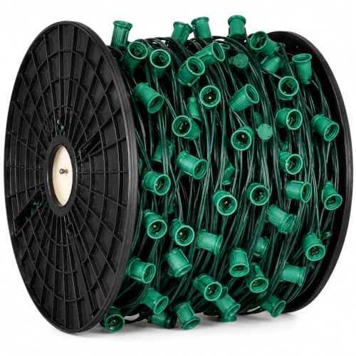 1000 ft C9 Christmas Light Socket Spool, Green 18 AWG SPT-1 Wire, 15" Socket Spacing, E17 Intermediate Base, Cut-to-Length Outdoor String Light Wire, UL Listed, Commercial Grade
