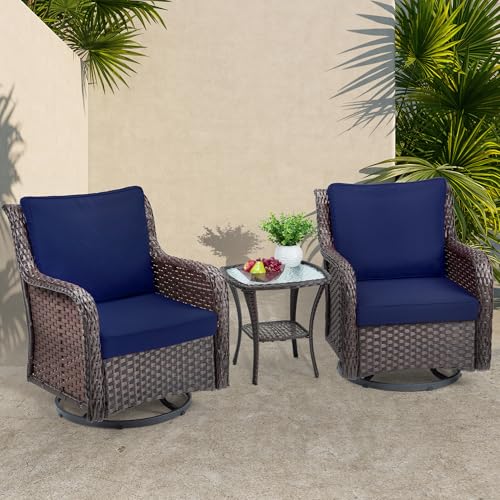 Towallmark Outdoor Swivel Wicker Glider Patio Chairs with Table Set, 3 Pieces Outdoor Bistro Set with 4”Thick Cushions and Coffee Table for Porch, Balcony, Deck (Blue)