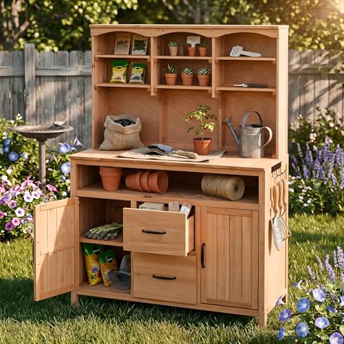 GDFStudio Junley Outdoor Storage Bench Table with Cabinet, Patio Wooden Potting Bench Plant Bench, Large Garden Storage Work Bench with Drawers, Cabinets, Hooks and Countertop, Kitchen Island, Natural