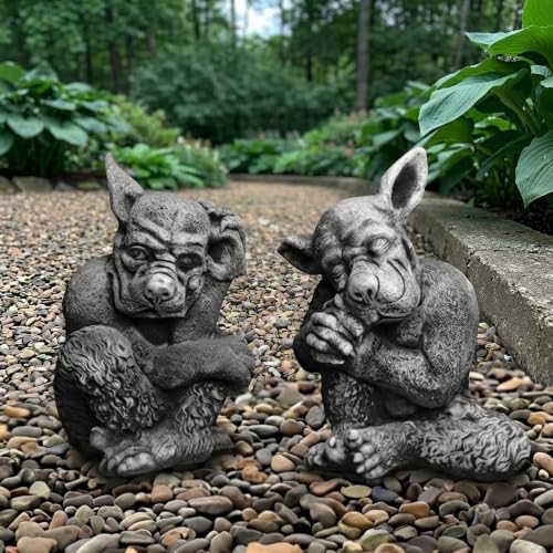 OLOMA Gothic Gargoyle Pair Concrete Garden Statue Set Beast Outdoor Sculptures Mythical Creature Figurines Lawn Ornaments Fantasy Yard Decor Handmade Stone Goblin Meditation Statue
