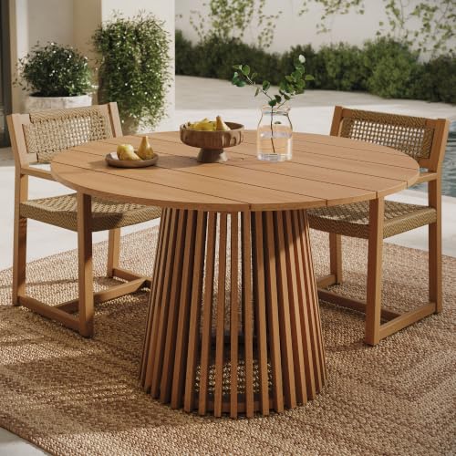 Modway Lane 47 Inch Teak Wood Outdoor Round Dining Table for 4-5 in Natural – Slatted Patio Table with Umbrella Hole and Pedestal Base for Patio, Balcony, Deck, Backyard, Terrace Or Sunroom