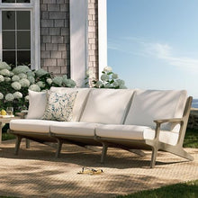 Modway Saratoga Teak Outdoor Patio Sofa in Weathered Gray White – 3 Seater Couch with Weather-Resistant Cushions – Wooden Outdoor Furniture Sofa