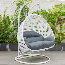 LeisureMod 2 Person Hanging Egg Chair, Indoor Outdoor Patio Lounge Swing with White Stand & UV-Resistant Cushions, Hammock Chair for Bedroom & Garden, Dark Grey