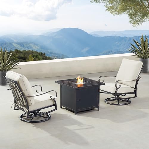 Oakland Living Black Aluminum Square Patio Fire Table Bistro Set with Two Club Chairs, Cushions, Covers and Glass Beads