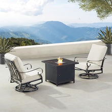Oakland Living Black Aluminum Square Patio Fire Table Bistro Set with Two Club Chairs, Cushions, Covers and Glass Beads