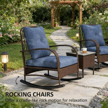 Hassyee 3 Pieces PE Rattan Bistro Set with 2 Rocking Chairs and 1 Coffee Table for Poolside, Lawn, Outdoor Furniture Set with Soft Cushions and Elegant Design Backrests for Balcony (Brown)