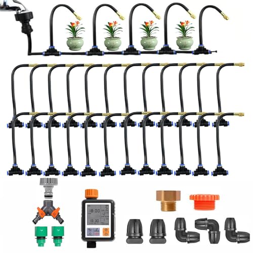 360° Curved Garden Automatic Irrigation System Kit With intelligent timer, Adjustable Nozzles, Quick Installation Watering Drip Irrigation System for Greenhouse, Lawn, Outdoor Plants 50m/164ft+Timer