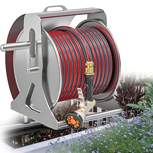 JTYMZYY Metal Heavy Duty Wall/Floor Mounted Hose Reel Cart Water Pipe Storage Holder with Hose Connector, Lawn & Garden Watering Equipment (Rack+20mHose)
