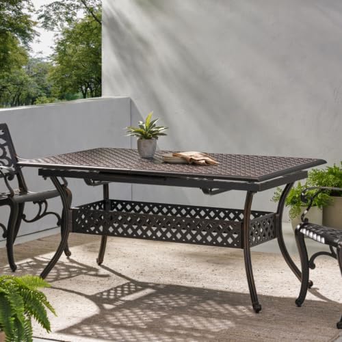 Homyee Expandable Dining Table with Aluminium Frame and 4 Legs for Backyard, Lawn, Porch, Outdoor Patio Kitchen Table with Umbrella Hole and Hollow Design for Poolside, Dining Room
