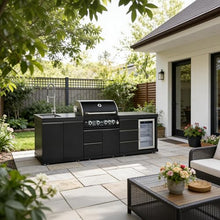 Outdoor Kitchen Island with Built in Grill, 4 Burner 59500 BTU Stainless Steel Gas Barbecue Island, Patio Cooking Station with Refrigerator & Sink, Built In Grill Island for Backyard (Black)