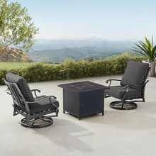 Oakland Living Black Aluminum Patio Fire Table Bistro Set with Two Club Chairs with Black Cushions