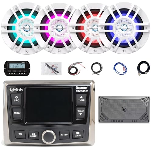 Enrock Marine Infinity PRV-315.2 Marine USB Bluetooth AM/FM Radio Receiver with Wired Remote & 6.5" 300W RGB LED Speakers, 4-Channel Amplifier White LED