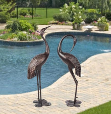 Set of 2 Metal Crane Garden Statues, Cast Aluminum Outdoor Crane Sculptures, Standing Metal Cranes Sculptures, Rust Resistant Bird Yard Art Decor for Garden Patio Backyard Deck, Antique Bronze