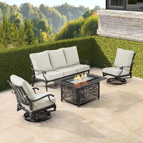 Black Aluminum Patio Fire Table Set with Deep Seating Sofa with Cushion and Two Club Chairs with Light Grey Cushions