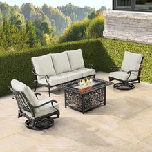 Black Aluminum Patio Fire Table Set with Deep Seating Sofa with Cushion and Two Club Chairs with Light Grey Cushions