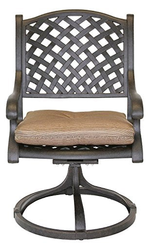 theWorldofpatio Nassau Cast Aluminum Powder Coated 6 Swivel Rocker Dining Chairs with Walnut Seat Cushions - Antique Bronze