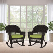 Jeco Rocker Wicker Chair with Green Cushion, Set of 2, Espresso