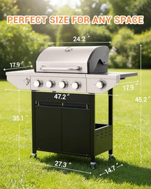 EUHOME 4-Burner Propane Gas BBQ Grill with Side Burner, 46,500 BTU Output Stainless Steel Barbecue Grill with Enameled Cast Iron Grates and Side Tables for Outdoor Cooking Kitchen and Patio Backyard