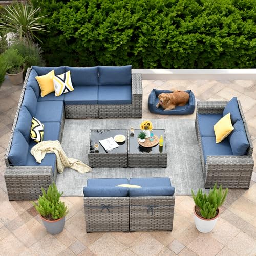 Ovio 12 Pieces Outdoor Sectional Sofa Set with Comfy Cushions Denim Blue