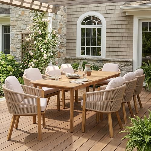Christopher Knight Home Grotta 9 Piece Outdoor Dining Set, Acacia Wood Patio Dining Table Set with 8 Rope Weave Chairs Beige Cushions Rectangular Outdoor Furniture Set for Garden Patio Backyard