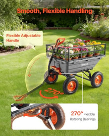 VEVOR Garden Dump Cart 1500lbs 15 Cu.Ft, Heavy Duty Wheelbarrow with Convertible Handle and 16" Flat Free Tires, Outdoor Yard Wagon ATV Trailer Dump Cart Tow Behind for Lawn Mower Tractor