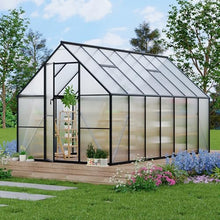 Aluminum Polycarbonate Greenhouse for Outdoors, Large Walk-InGreenhouse with Quick Setup Structure and Roof Vent, Greenhouse with Ventilation and Rain Gutter