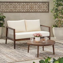 Merax Outdoor Loveseat and Coffee Table Set, Acacia Wood Frame with Rope Detail, Water-Repellent Beige Cushions for Patio Backyard Deck, Dark Brown
