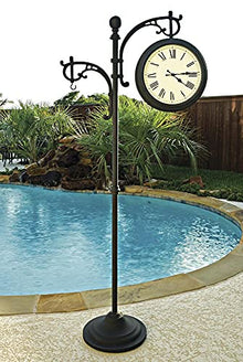 Backyard Creations Outdoor Heavy Duty Double Face Metal Weather Pedestal Clock / Analog Thermometer, Black, 15InD X 33.25InW X 72.75InH