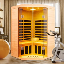 GDFStudio 47.24" 2 Person Hemlock Far Infrared Corner Sauna Large Glass Front Deluxe Transparent Cabin 1520W 7 Panel Heater 110V/120V APP Control Bluetooth Audio LED Light Spa Room