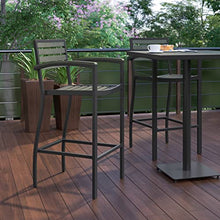 BizChair Commercial Grade Bar Height Stool with Arms, All-Weather Outdoor Bar Stool with Faux Wood Poly Resin Slats and Aluminum Frame, Gray Wash