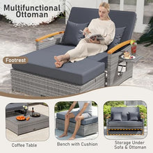 LDAILY Moccha Outdoor Wicker Daybed, Patio Rattan Loveseat Sofa w/ 4-Level Adjustable Backrest, Folding Panels, Storage Ottoman & Cushions, Lounge Furniture Set for Poolside Backyard Porch (Grey)
