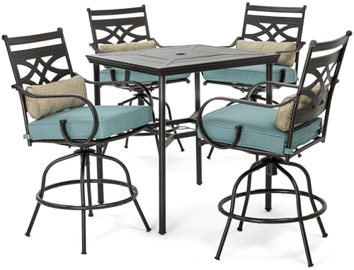 Hanover Montclair All-Weather 5-Piece Outdoor Dining Set with Cushioned Swivel Chairs and Stamped-Top Table Blue