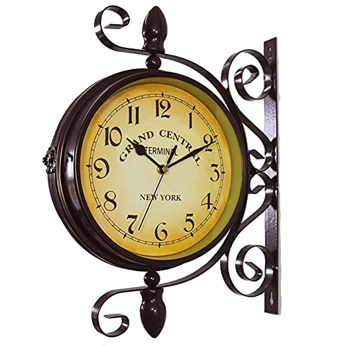 RJYYYDS Wall Clock, Outdoor Garden 15 Inch Classical 360°Rotation Double Sided Train Station Clock with Bracket Indoor Decoration Waterproof