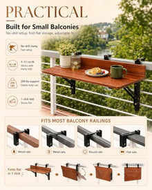 YYBHKHBY Balcony Railing Table - Folding Hanging Deck Bar Desk - Outdoor Patio Apartment Furniture - Adjustable Clamp 3-11cm, Pine Wood & Aviation Aluminum Board, 200 lbs Capacity,Brown,47.2x13.0in