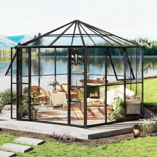 Festisoul 12x10x8 FT Heavy Duty Polycarbonate Walk-in Greenhouse - Hexagon Garden House, Aluminum Frame, Lockable Doors, Adjustable Vents, Quick Setup - Color: Sunshine Board Black