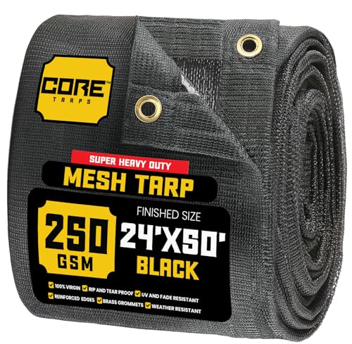 Core Tarps 60% Black Shade Cloth with Grommets - 24 X 50 FT Heavy Duty Mesh Tarp - Sun Shade Cloth for Garden Vegetables Plants Greenhouse Outdoors Backyard Fences Dump Trucks Patio Mesh Shade Tarp