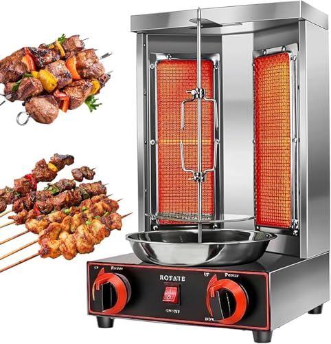 YDBMY Commercial Meat Rotisserie,Electric Vertical Kebab Grill,Countertop Gas Grill Machine,Automatic Rotating Skewers Machine,Indoor Kebab Machine,Silver-DoubleKnob