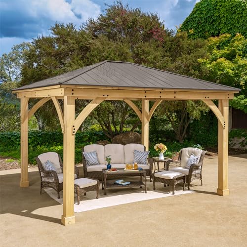 Yardistry 12 x 14 Meridian Cedar Gazebo Pavilion for Patios, Decks, Garden, Backyard, Durable, Aluminum Roof